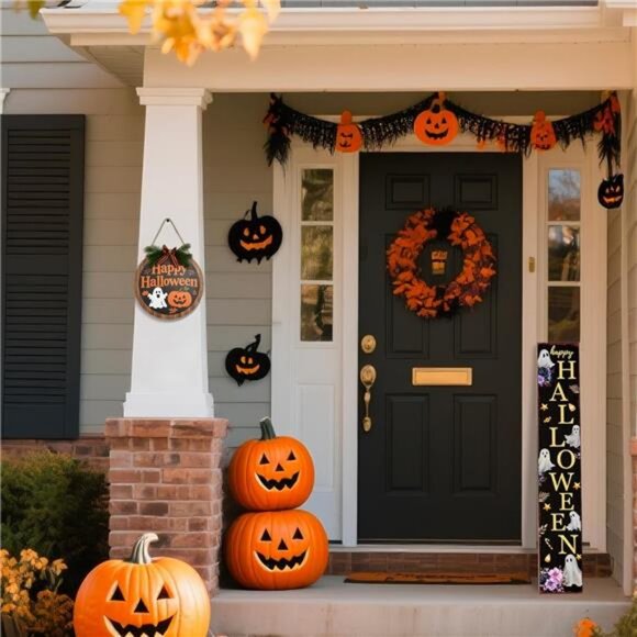 Happy Halloween Sign for Front Door,Round Wood Hanging Wreaths Sign - Picture 4 of 7